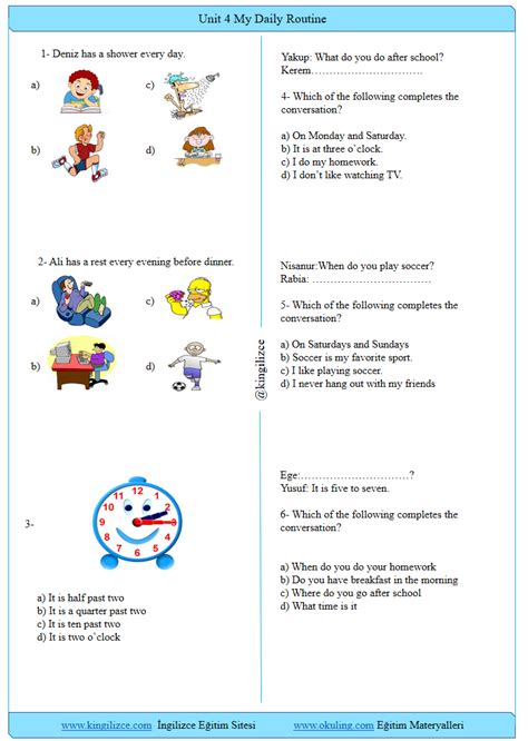 5 sınıf ingilizce 4 ünite daily routines worksheet